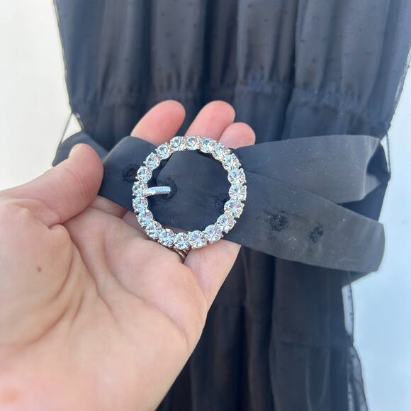 Zara Tulle Tiered Swiss Dot Gown Maxi Holiday Dress Black Belted Witchy Small - Picture 4 of 11